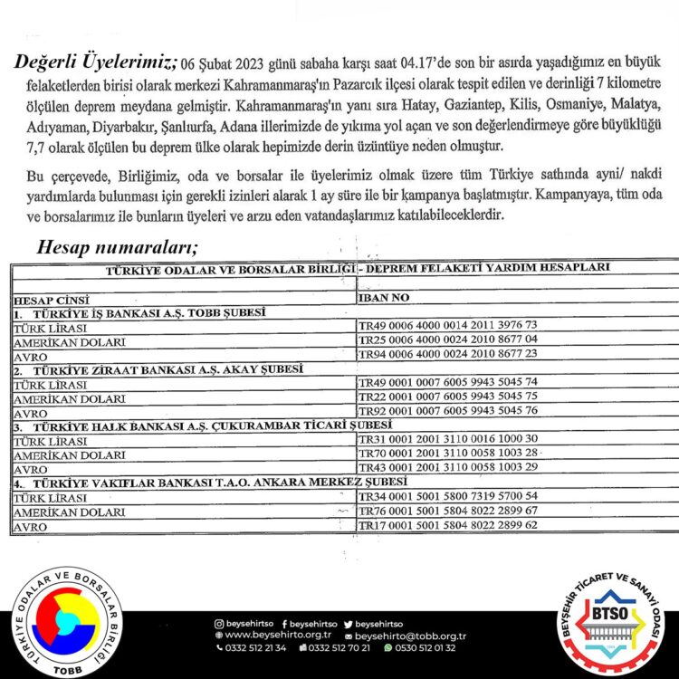 TOBB DEPREM FELAKETİ YARDIM KAMPANYASI!