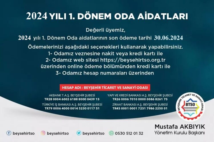 2024 Yılı Oda Aidatları 1. Taksit Ödemeleri Hk.